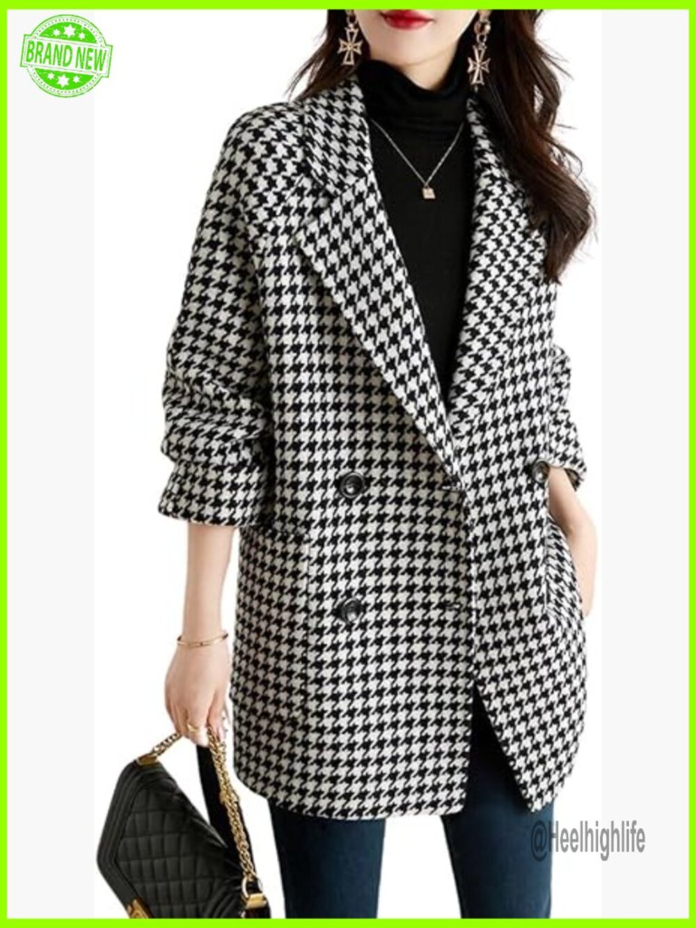 Notched Lapel Pea Coat Double Breasted Blazer Houndstooth Wool Blend Overcoat